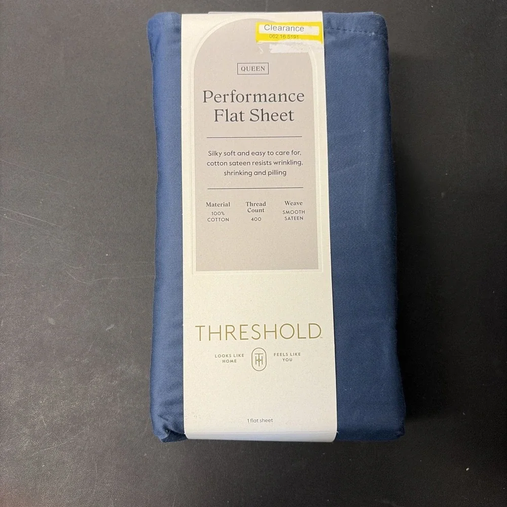 Threshold Performance Cotton Sateen QUEEN Flat Sheet Blue 400 TC Smooth 20565